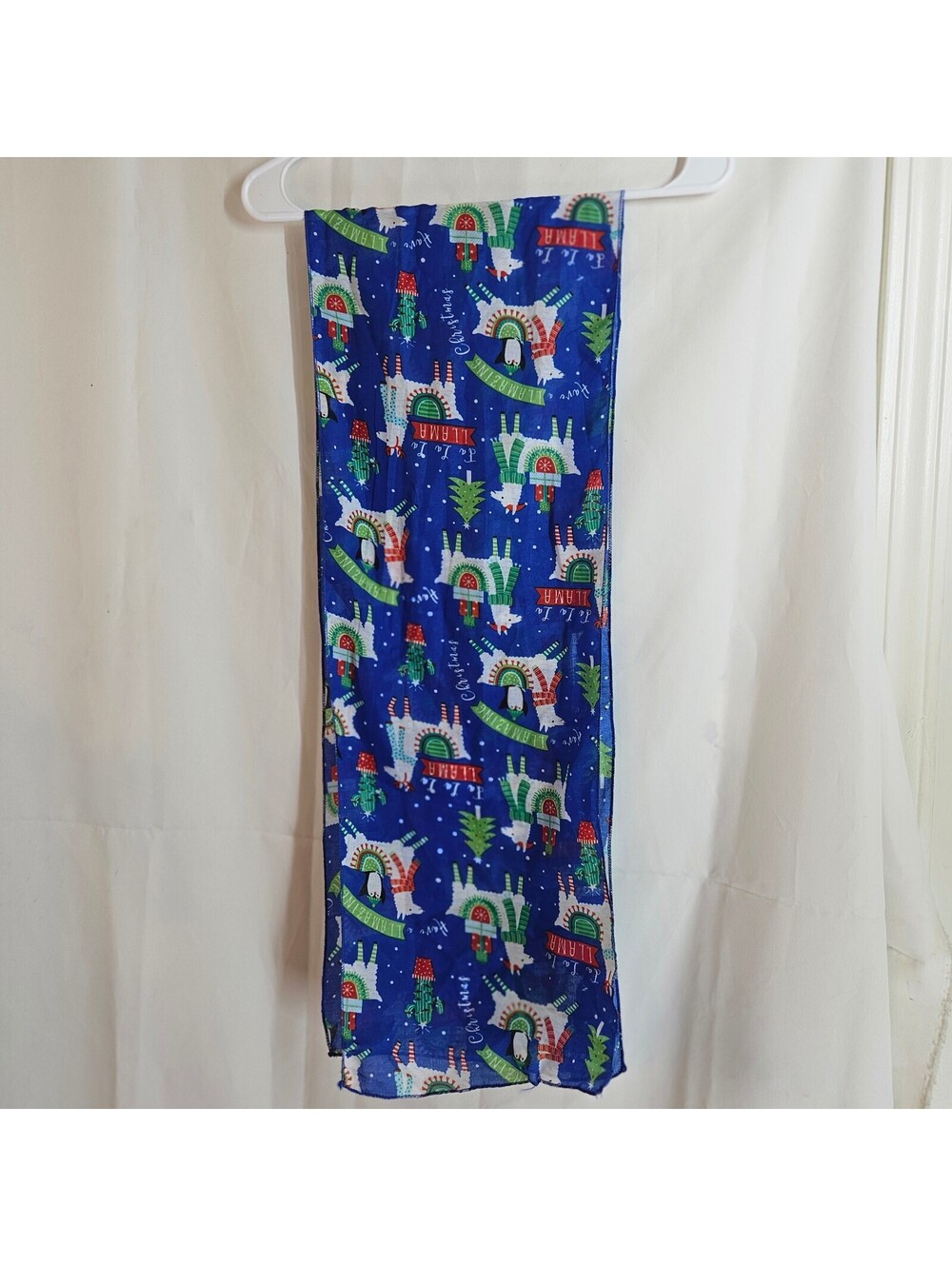 Blue Christmas Llama Print Scarf with Frayed Edges